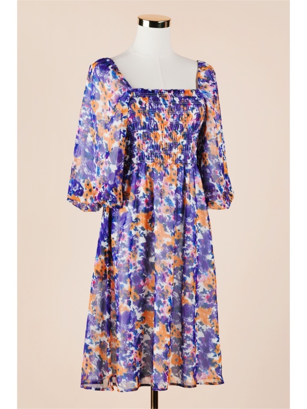 Sz M Mikarose The Ash Electric Lavender Puff Sleeve Smocked Midi Dress NWT